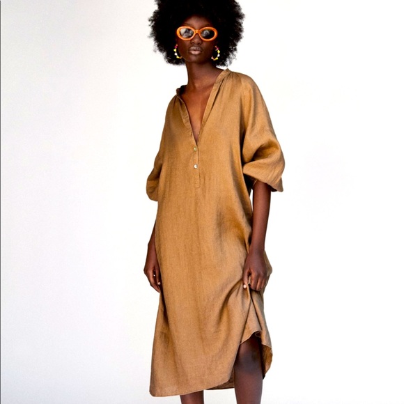 Zara Dresses & Skirts - Zara Tan Midi Dress 100% LINEN